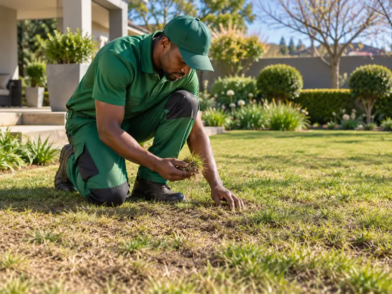 Lawn Care Plus team member inspecting patchy grass during a spring lawn treatment in a sunny residential garden.