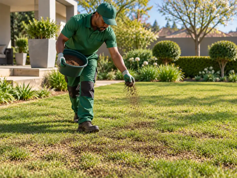Lawn Care Plus team member applying topdressing by hand as part of a spring lawn treatment for a thinning lawn.